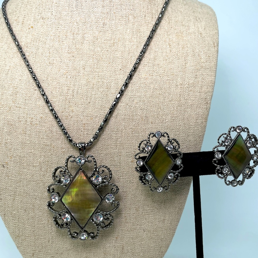 Vintage Butler Pendant Necklace/Brooch & Earring Set -Abalone & Crystal Filigree